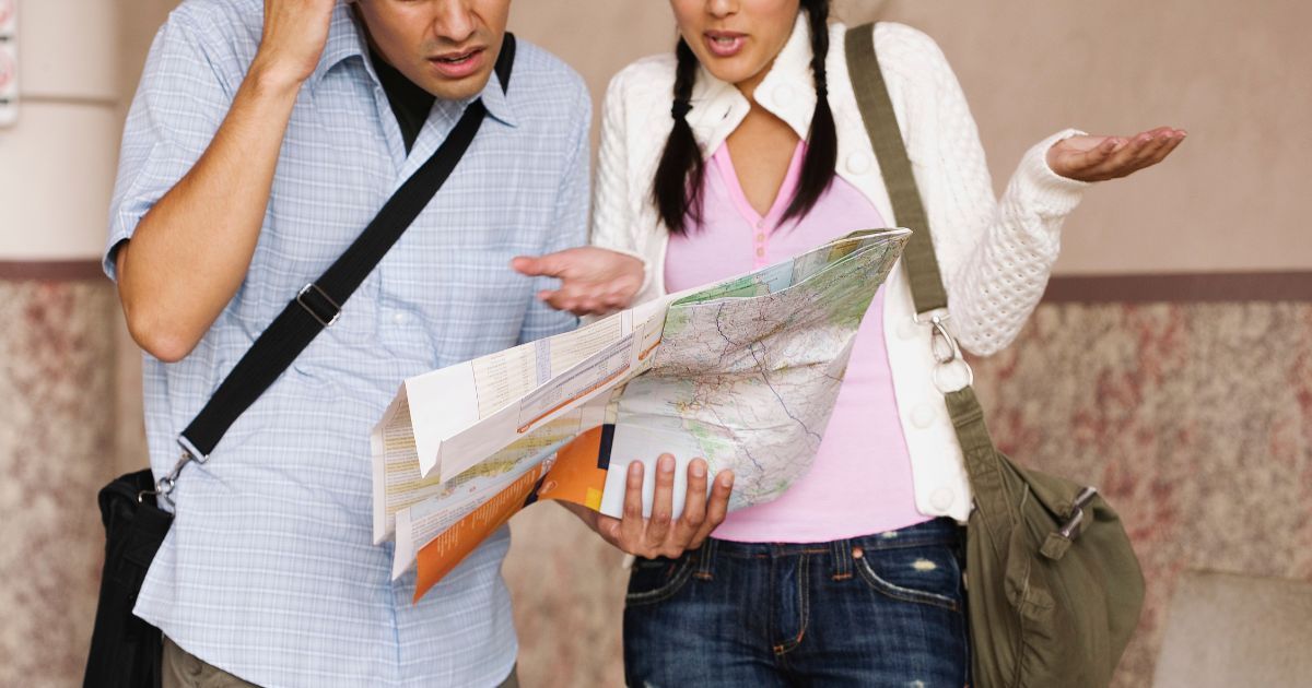 Frustrated traveler scrolling through multiple third-party booking sites contrasted with a guest talking to a friendly Mount Rushmore Tours staff member.