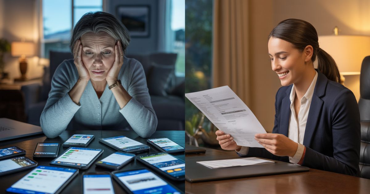 Frustrated traveler scrolling through multiple third-party booking sites contrasted with a guest talking to a friendly Mount Rushmore Tours staff member.