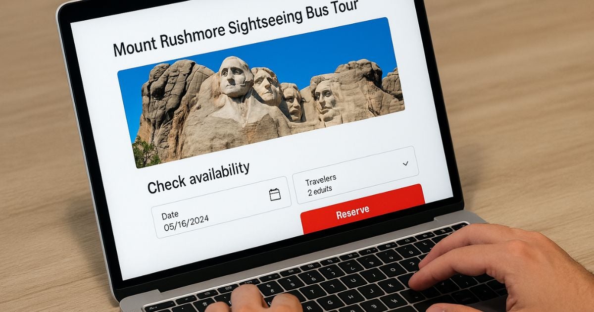 User booking a Mount Rushmore tour directly through the Mount Rushmore Tours website on a laptop.
