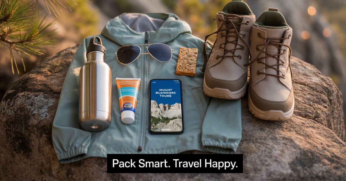 Flat Lay Photo Of Mount Rushmore Tour Essentials, Including A Light Jacket, Sunglasses, Water Bottle, Tour Brochure, Smartphone, Hiking Shoes, Snacks, And A Small Backpack—all Neatly Arranged On A